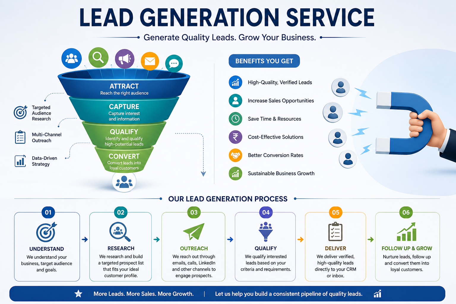 Lead Generation Service infographic showing a step-by-step lead generation process from audience research and outreach to lead qualification, delivery, and business growth.