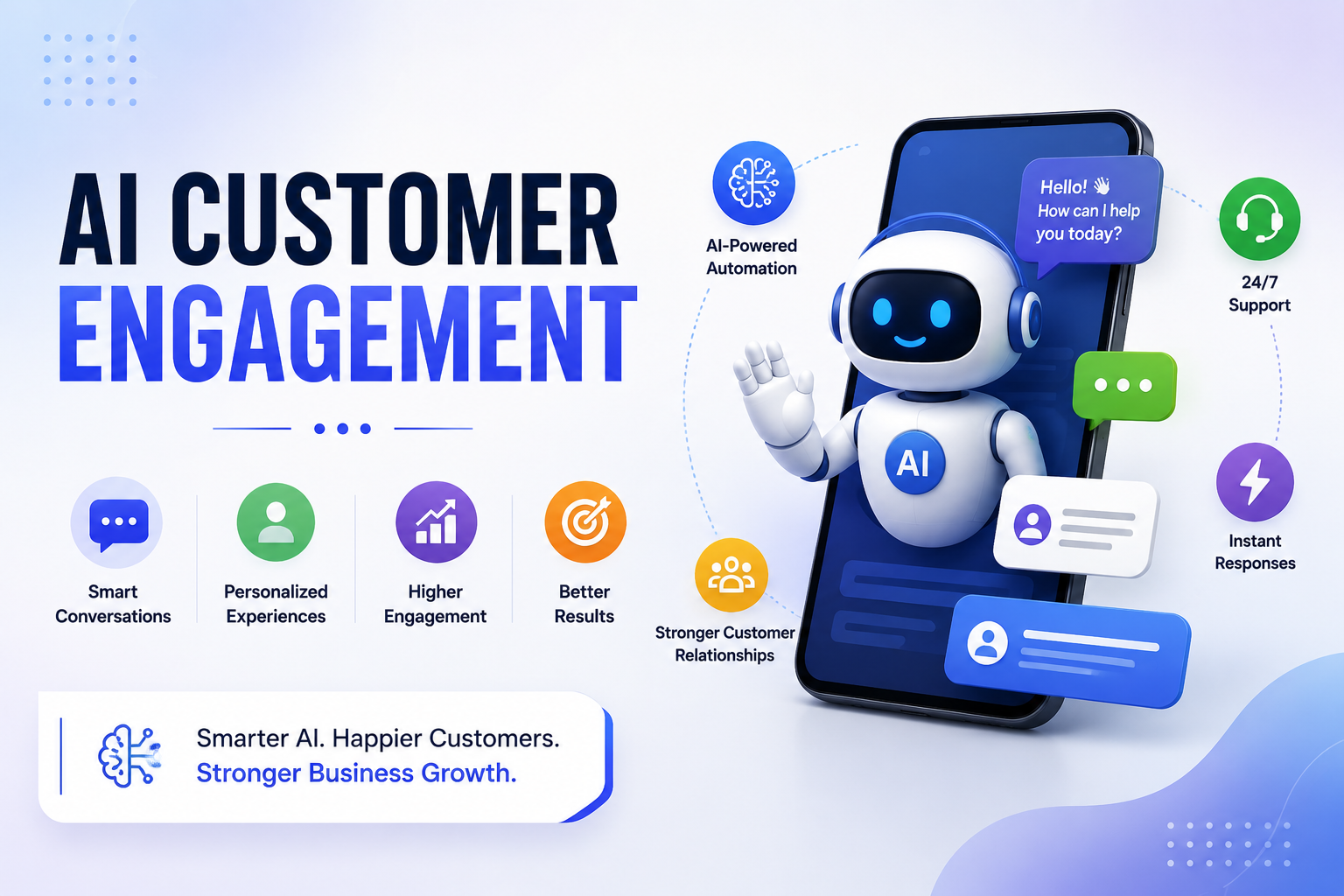 AI Customer Engagement infographic showing AI-powered automation, instant support, personalized conversations, and customer satisfaction.