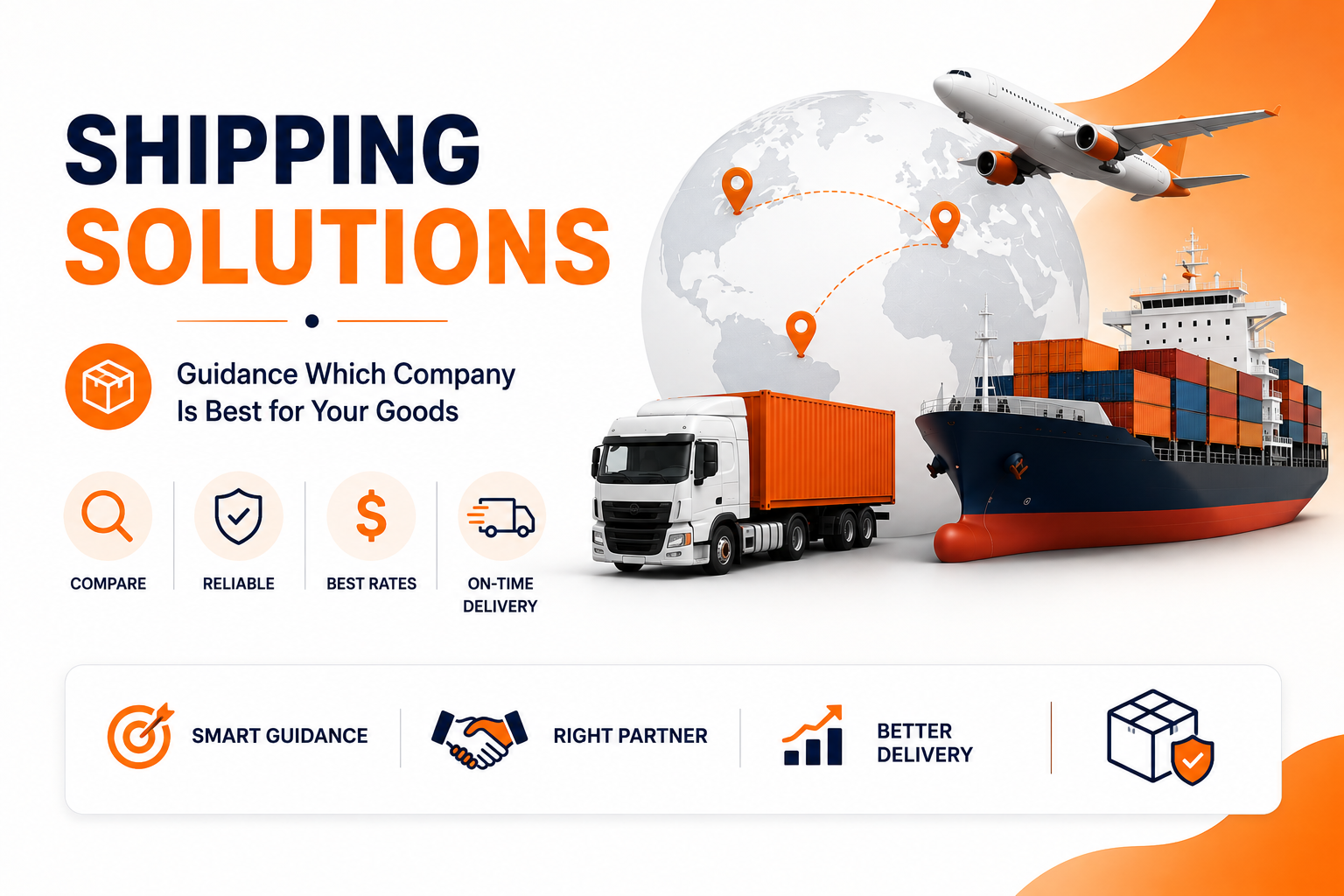 Shipping Solutions infographic showing guidance for choosing the best shipping company based on price, reliability, speed, and delivery.