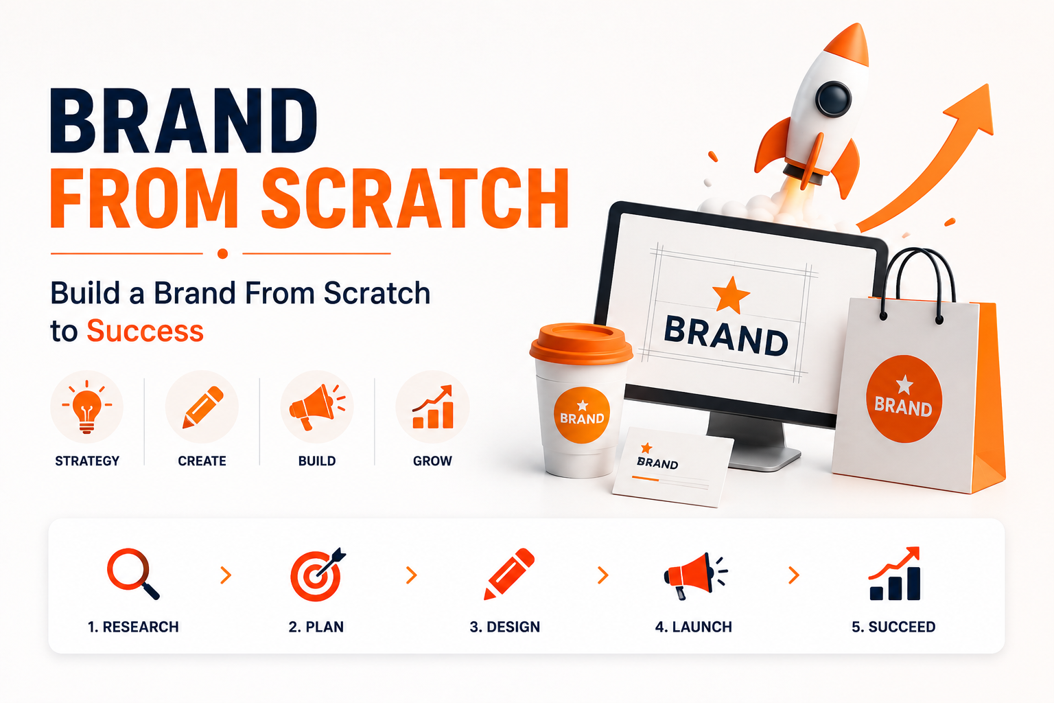 Brand From Scratch infographic illustrating the process of building a successful brand from strategy and design to launch and growth.